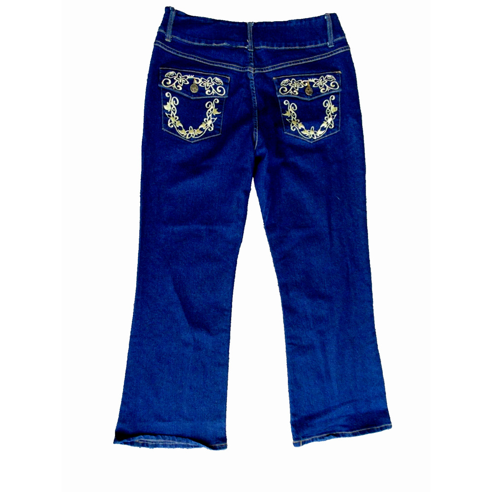 New Y2K Crest Jeans Womens 18 Blue Wide Leg Gold Embroidered Pockets hi rise